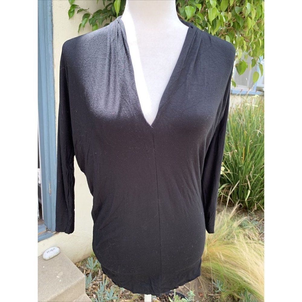 three dots womens solid black v neck long sleeve top xs
